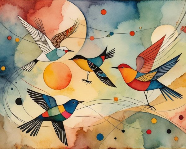 Vibrant Watercolor of Birds in Flight with Patterns