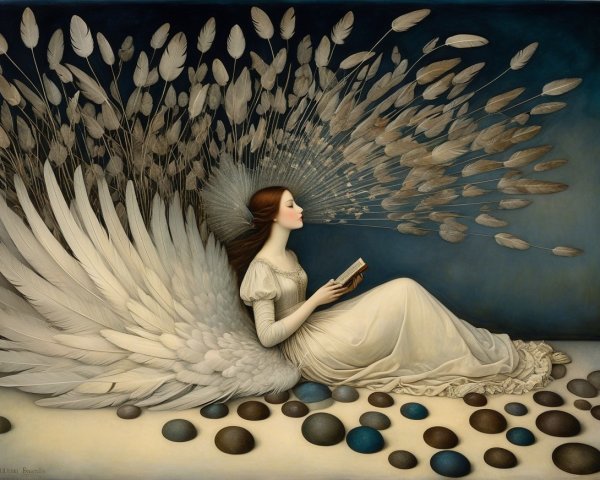 Ethereal figure with wings holding a book in nature