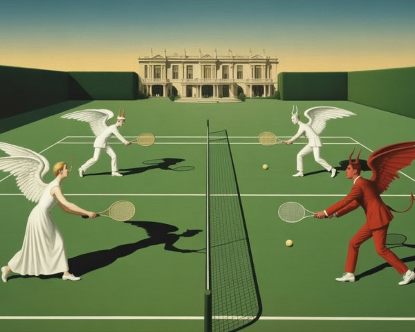 Surreal Tennis Match Between Angelic and Devilish Figures