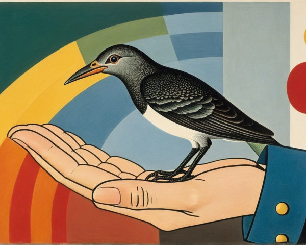 Stylized blackbird on hand with geometric background