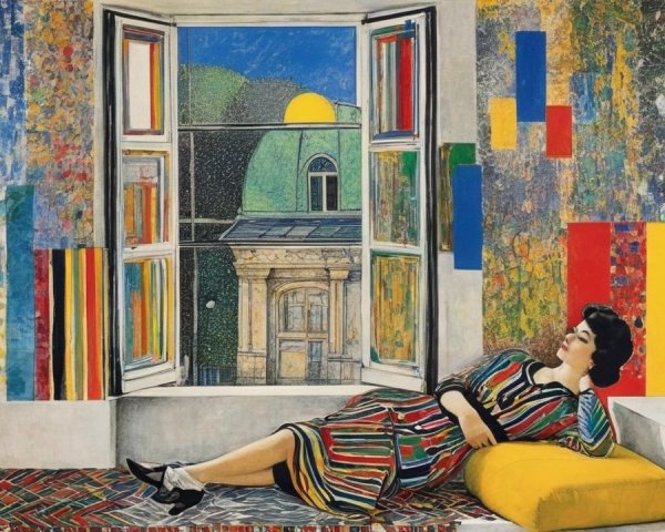 Serene Interior Scene with Woman in Colorful Dress