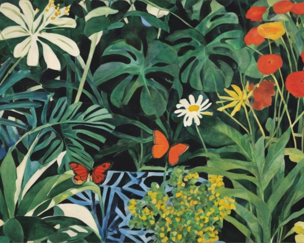 Vibrant Tropical Scene with Lush Foliage and Flowers