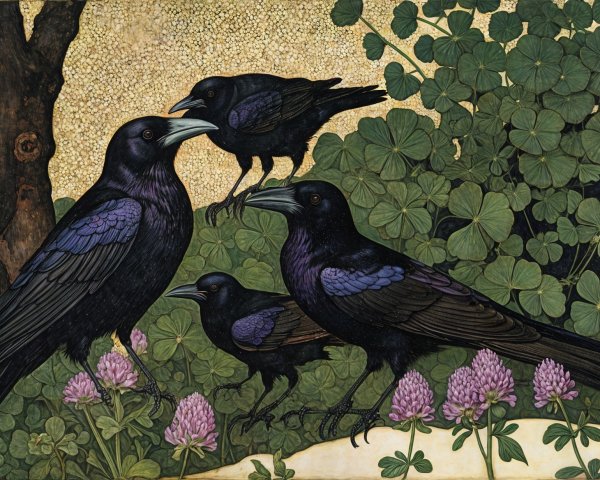 Crows Among Clover and Purple Flowers Illustration