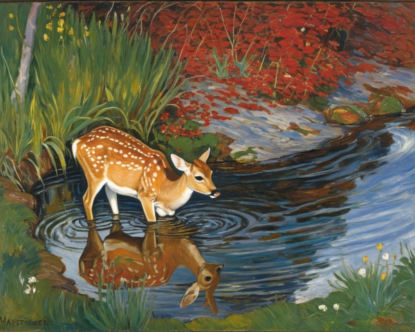 Fawn by Tranquil Stream in Autumn Landscape