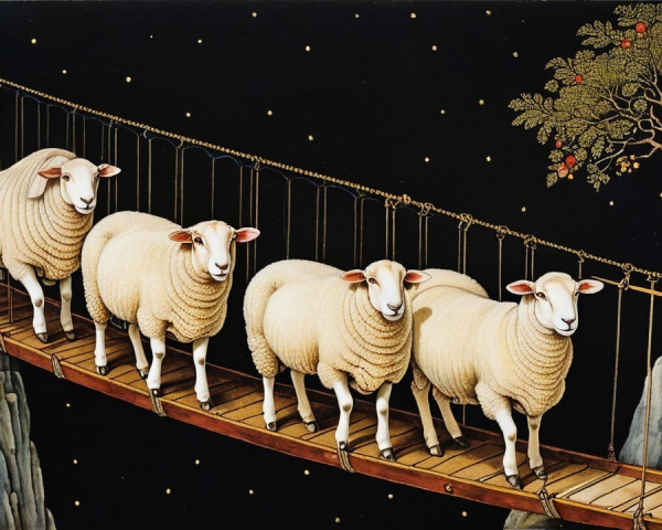 Fluffy Sheep Crossing a Wooden Bridge Under Stars
