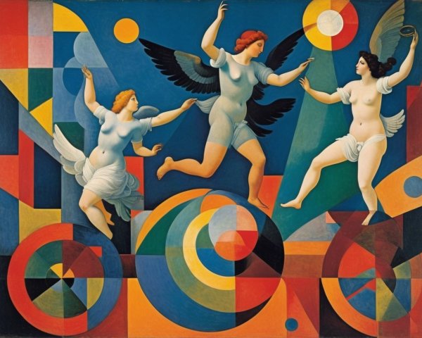 Winged Figures Against Vibrant Geometric Background
