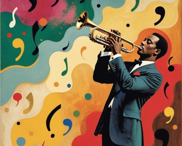 Abstract Jazz Musician Playing Trumpet in Colorful Swirls