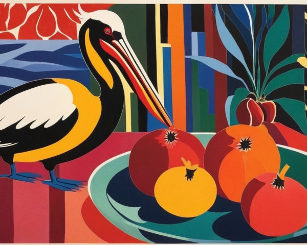 Vibrant Graphic Artwork of Pelican and Still Life Elements