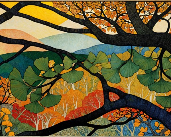 Vibrant Autumn Landscape Through Ginkgo Tree Branches
