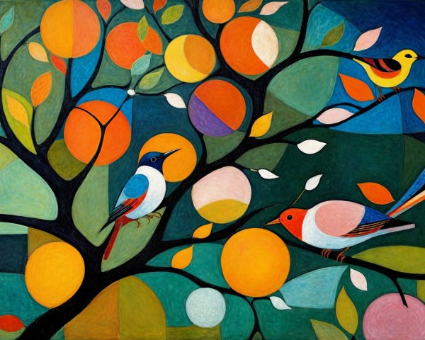 Vibrant Tree with Colorful Fruits and Stylized Birds
