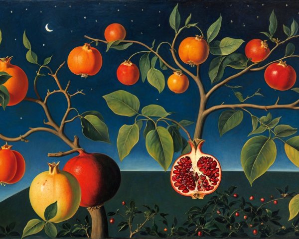 Serene Night Scene with Pomegranate Trees and Moon