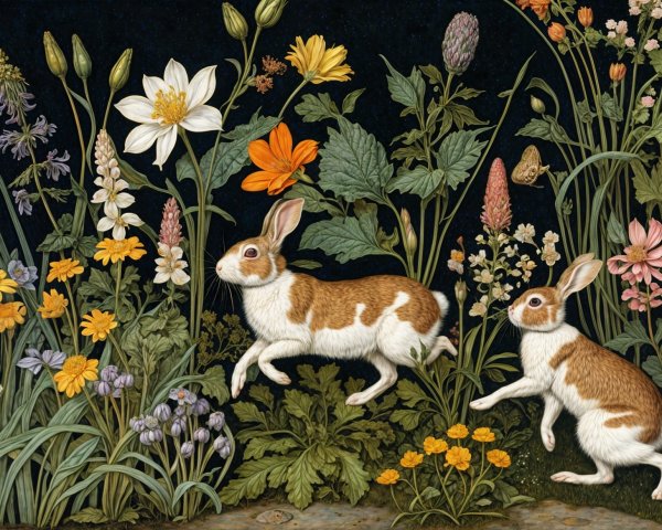 Rabbits Hopping Among Vibrant Wildflowers in Nature