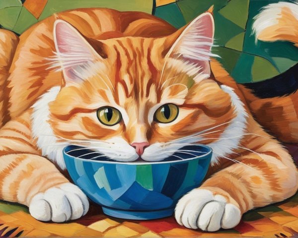 Colorful Painting of an Orange Tabby Cat and Bowl