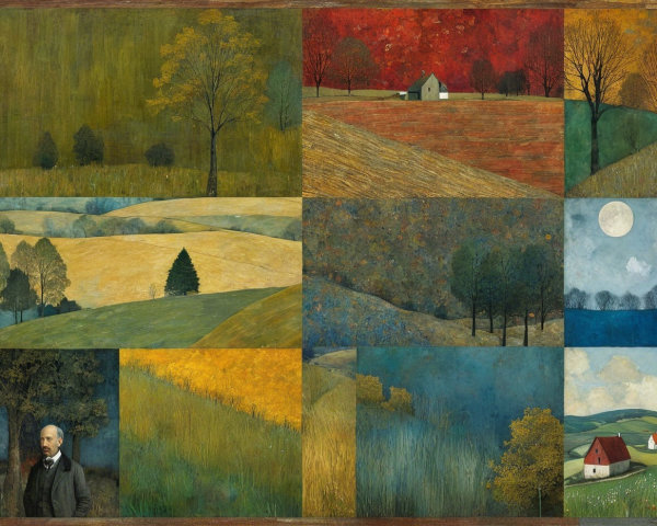 Grid of Twelve Art Images Featuring Landscapes and Portraits