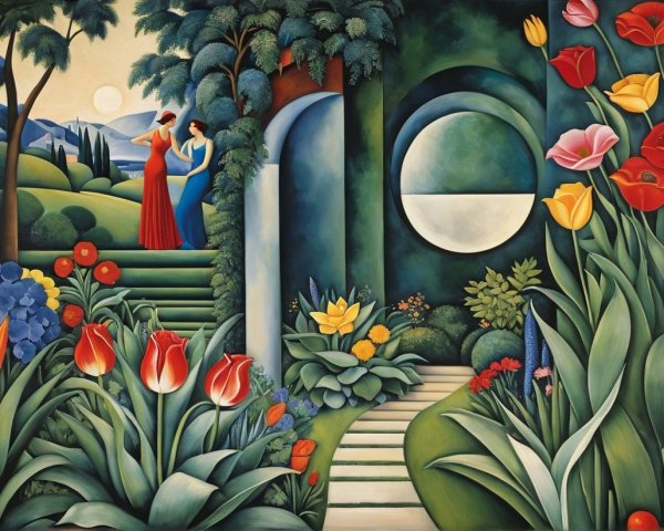 Stylized Landscape with Elegant Figures and Flowers