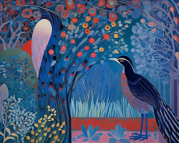 Vibrant Landscape with Peacocks and Colorful Foliage