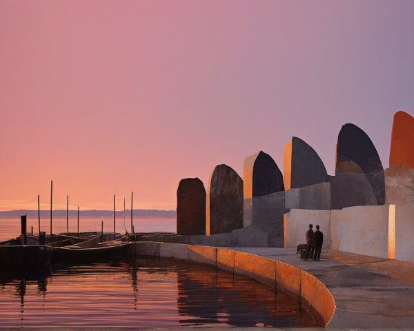 Twilight Scene with Figures by Water and Boats