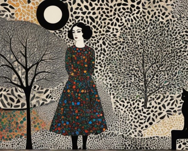 Whimsical Illustration of Woman with Cat and Moon