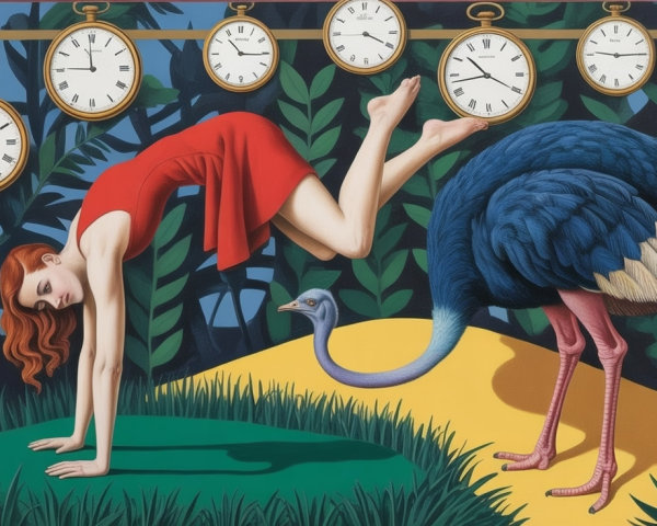 Surreal Scene with Woman, Ostrich, and Pocket Watches