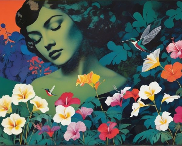 Serene Woman Surrounded by Tropical Flowers and Hummingbirds