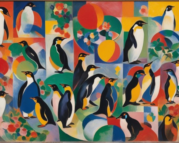 Colorful Artwork of Stylized Penguins in Playful Pattern