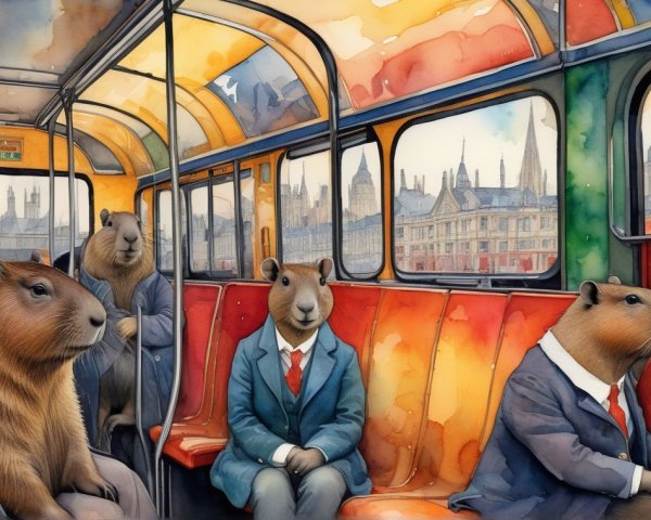 Capybaras in Suits on Vintage Bus with London View