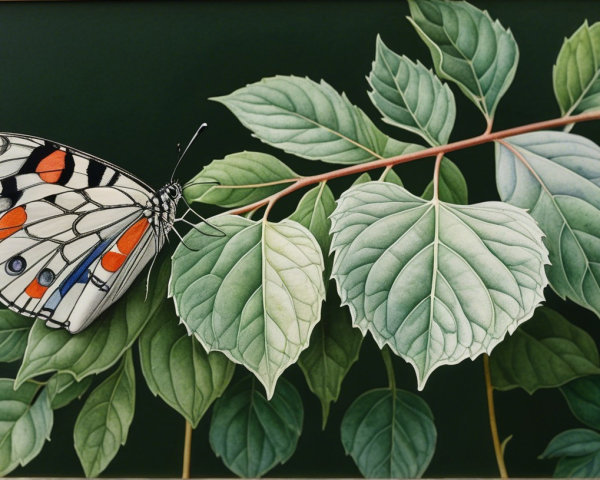 Watercolor Butterfly with Translucent Wings on Leaves