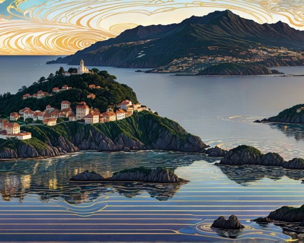 Coastal Village on Hill with Sunset and Mountains