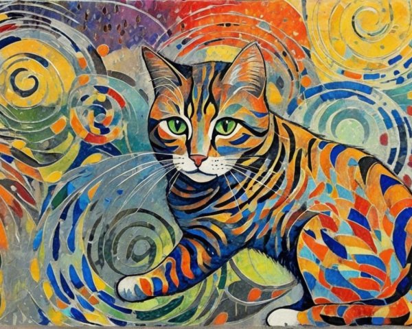 Colorful Cat Painting with Stripes and Vibrant Background