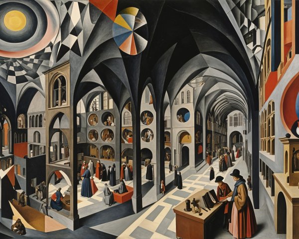 Grand Cathedral Interior with Vibrant Patterns and Costumes