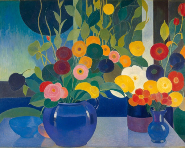 Vibrant Floral Arrangements in Blue Vases with Geometry
