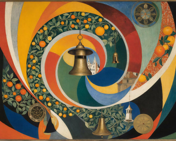 Surreal Geometric Abstract Painting with Vortex and Oranges