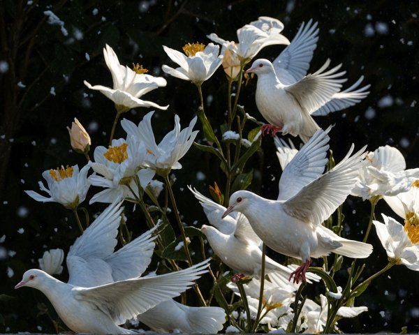 White Doves and Flowers in a Serene Winter Scene