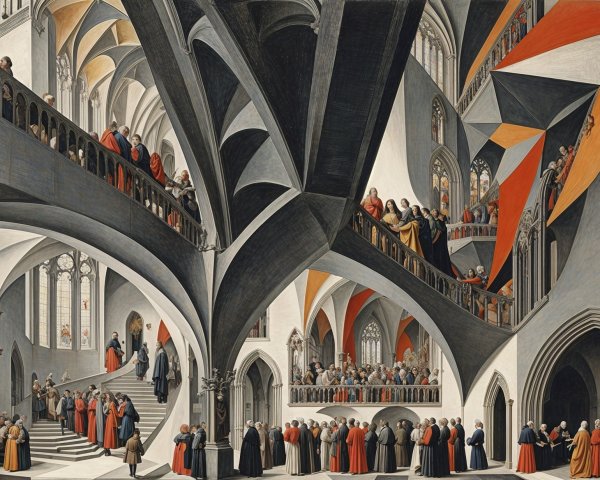 Grand Architectural Interior with Historical Gathering