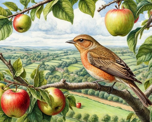 Bird on Branch Amidst Lush Apple Trees and Hills