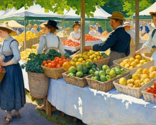 Vibrant Market Scene with Colorful Fruit Stalls