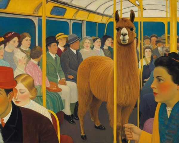 Surreal Scene Inside Vintage Bus with Passengers and Llama