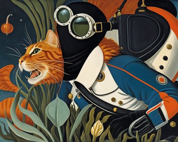 Whimsical Artwork of Diver and Cat Fusion Underwater