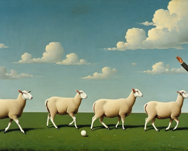 Surreal Scene of Man with Sheep in Vibrant Landscape