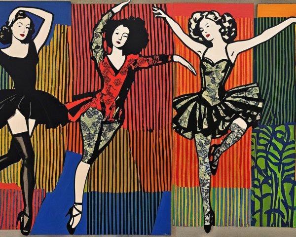 Stylized Dancers in Dynamic Poses with Vibrant Background