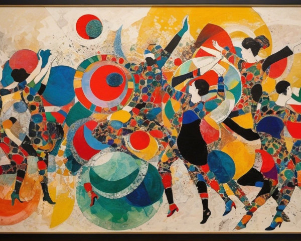 Vibrant Abstract Artwork with Dynamic Figures and Colors