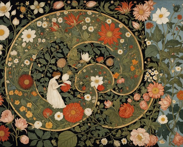 Organic Spiral Pattern with Flowers and Woman in Dress