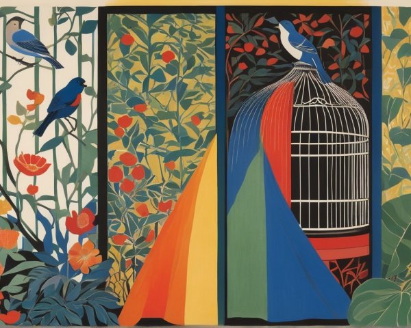 Vivid Mural of a Garden with Birds and Birdcage