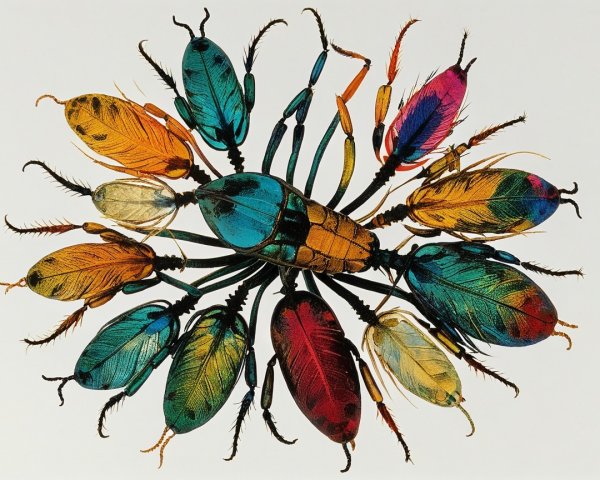 Colorful Beetles and Feathers in Intricate Arrangement