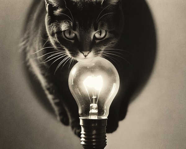 Black and white photo of a cat by a glowing light bulb