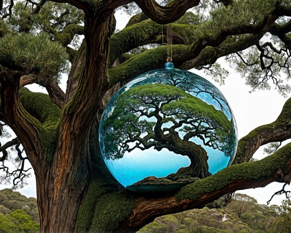 Majestic Tree with Reflective Ornament and Lush Moss