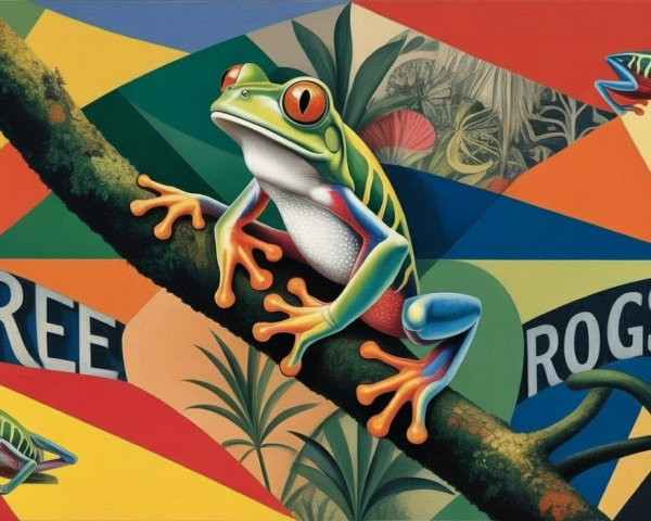 Abstract Art of Colorful Tree Frogs on Branch