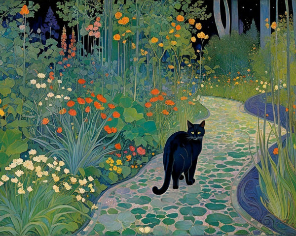Serene garden path with vibrant flowers and a cat