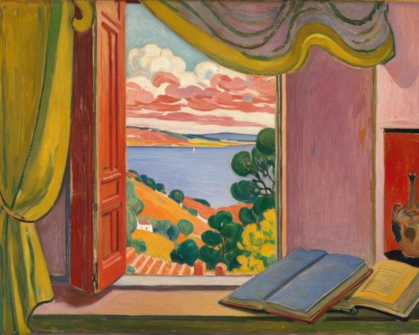 Vibrant Window View of Serene Landscape and Book