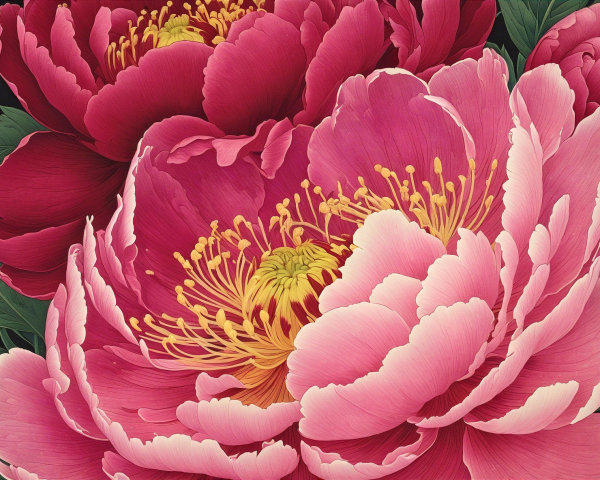 Digital Painting of Pink Peony Flowers on Black Background